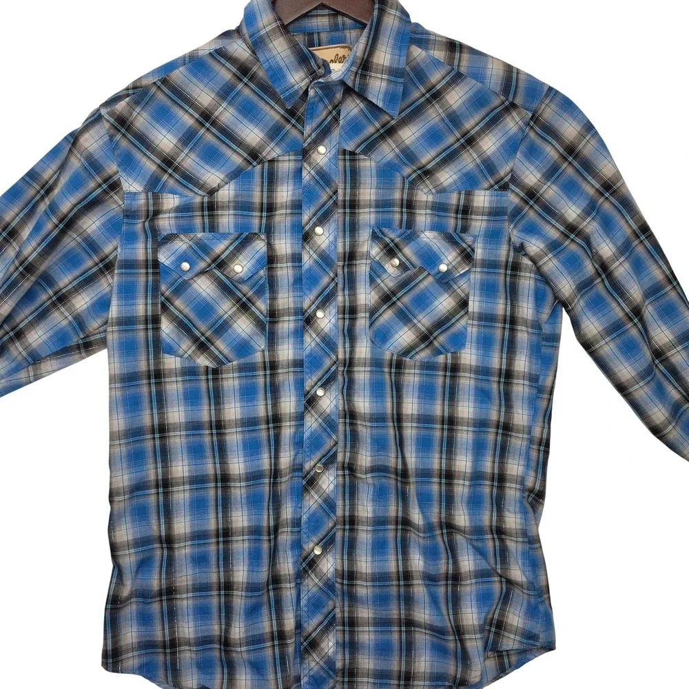 Wrangler Mens Western Snap Shirt Blue Plaid Metallic Thread Long Sleeve Medium